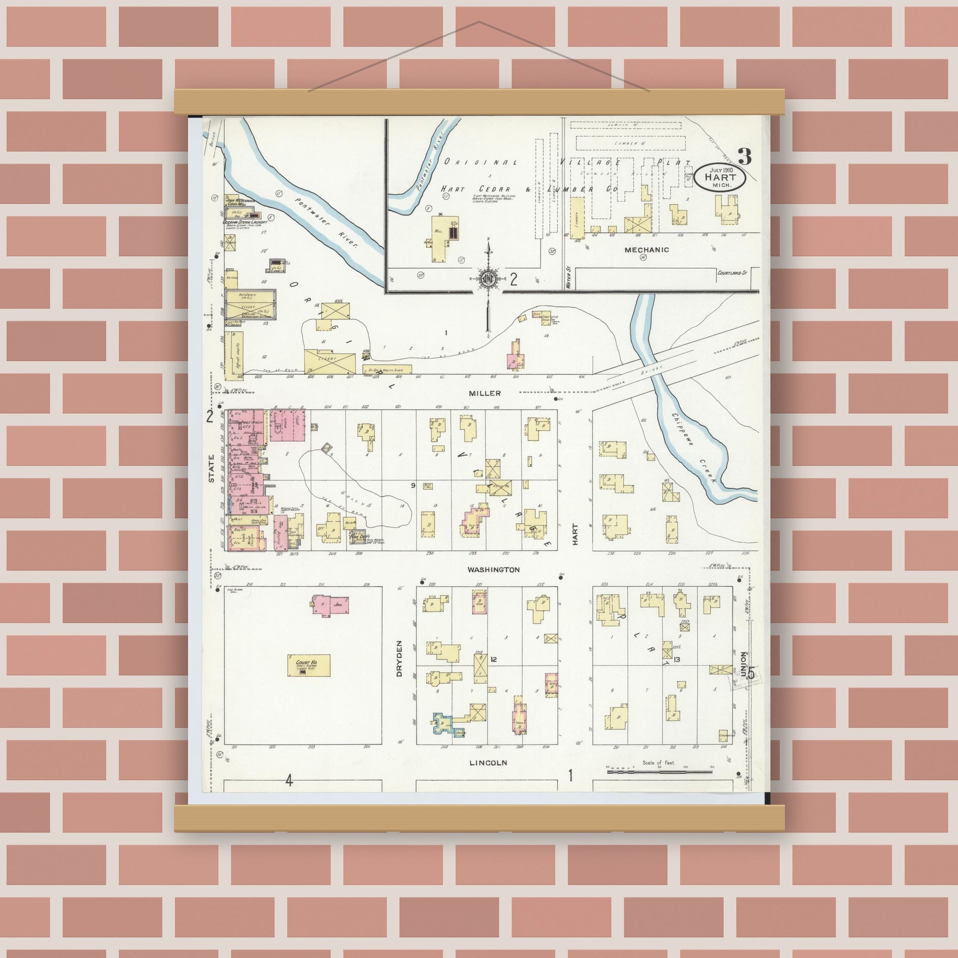 Old map wall art mockup — magnetic wood frame on brick wall — Sanborn Fire Insurance Map from Hart, Oceana County, Michigan (1910), Sheet #0003