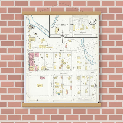 Old map wall art mockup — magnetic wood frame on brick wall — Sanborn Fire Insurance Map from Hart, Oceana County, Michigan (1910), Sheet #0003