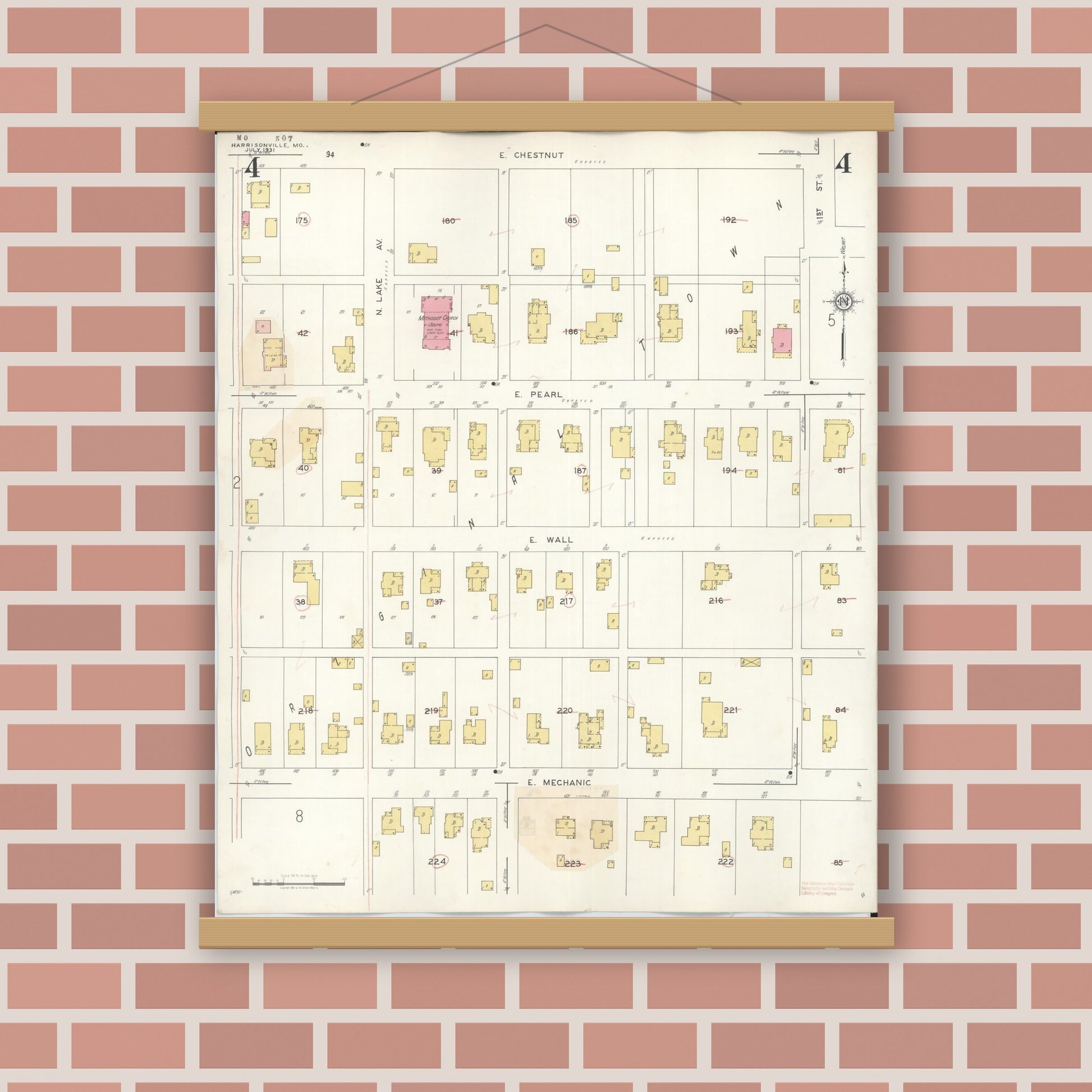 Old map wall art mockup — magnetic wood frame on brick wall — Sanborn Fire Insurance Map from Harrisonville, Cass County, Missouri (1939), Sheet #0004