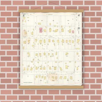 Old map wall art mockup — magnetic wood frame on brick wall — Sanborn Fire Insurance Map from Harrisonville, Cass County, Missouri (1939), Sheet #0004