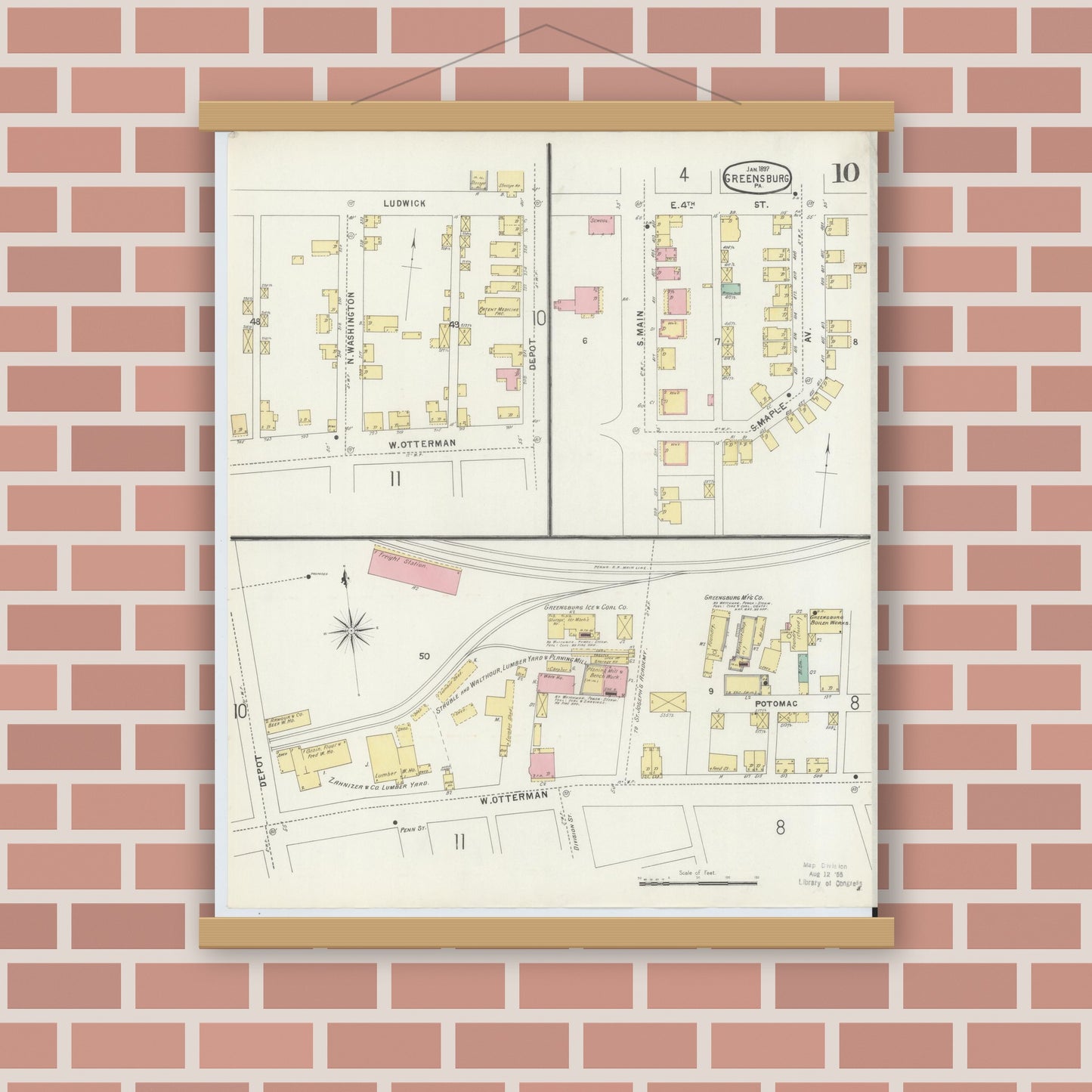 Old map wall art mockup — magnetic wood frame on brick wall — Sanborn Fire Insurance Map from Greensburg, Westmoreland County, Pennsylvania (1897), Sheet #0010