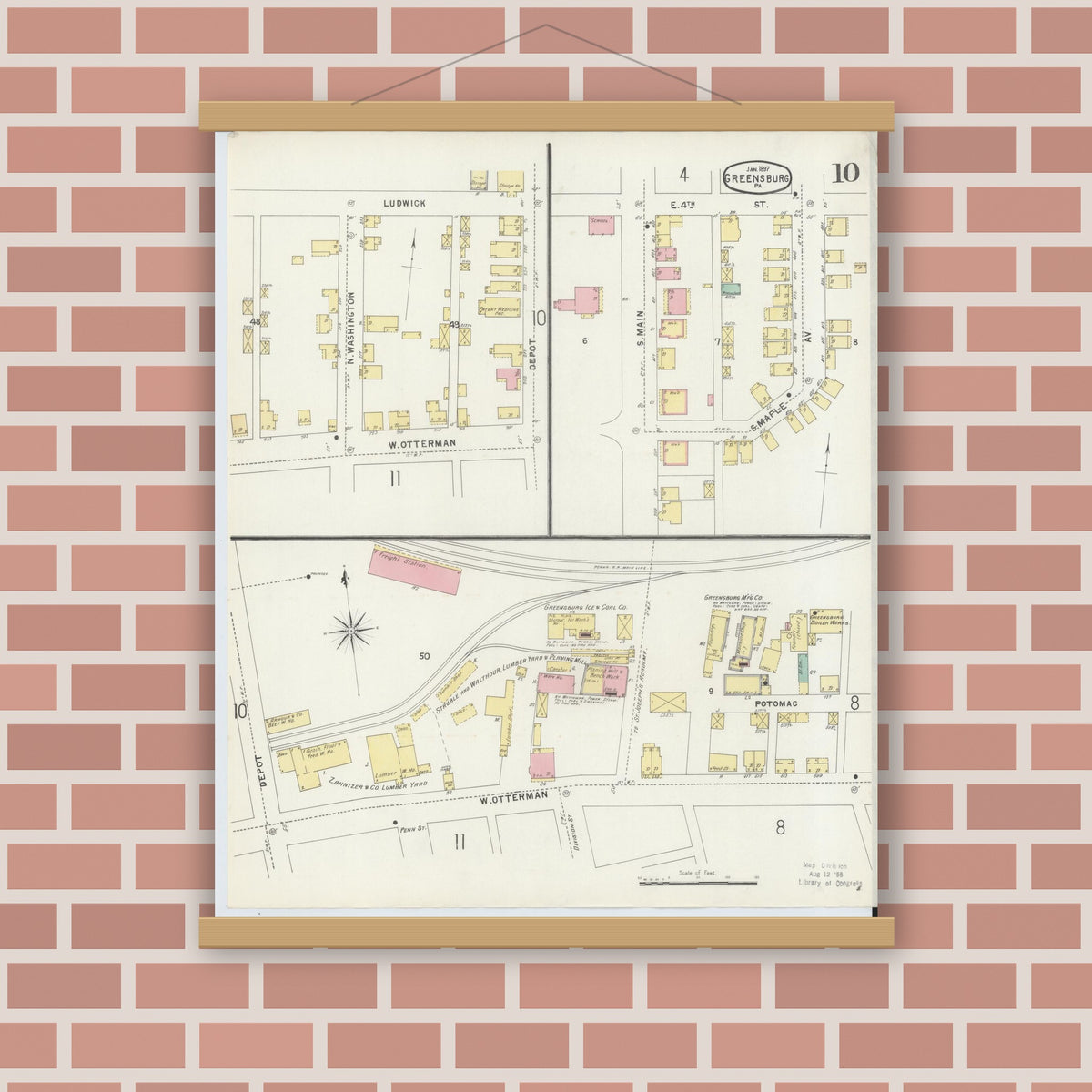 Old map wall art mockup — magnetic wood frame on brick wall — Sanborn Fire Insurance Map from Greensburg, Westmoreland County, Pennsylvania (1897), Sheet #0010