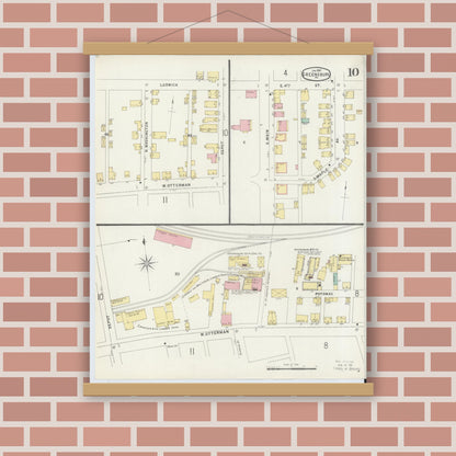 Old map wall art mockup — magnetic wood frame on brick wall — Sanborn Fire Insurance Map from Greensburg, Westmoreland County, Pennsylvania (1897), Sheet #0010