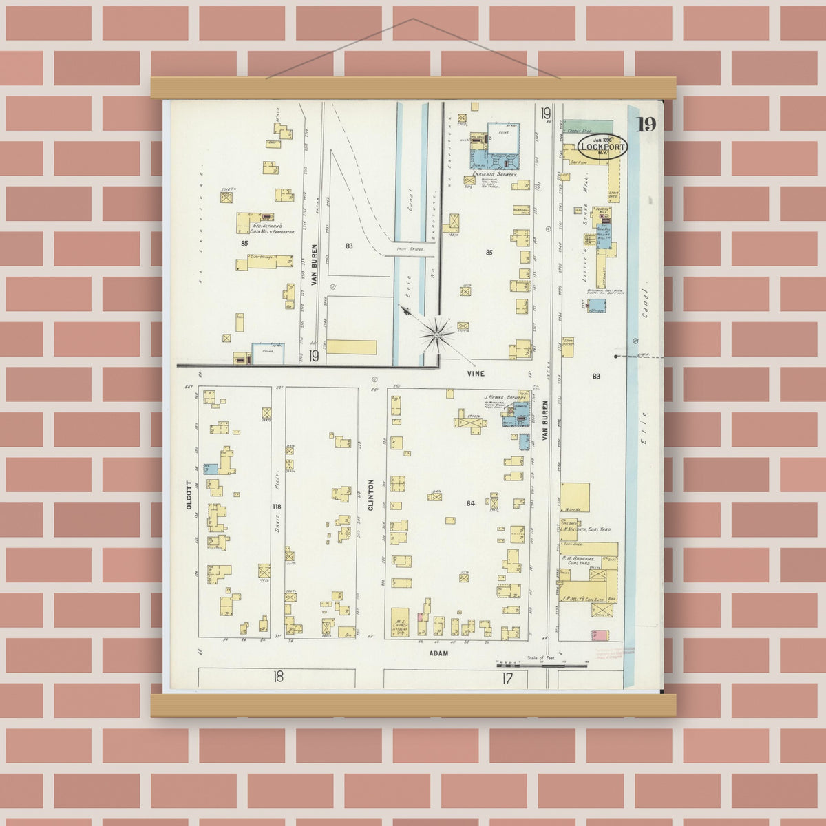 Old map wall art mockup — magnetic wood frame on brick wall — Sanborn Fire Insurance Map from Lockport, Niagara County, New York (1898), Sheet #0019