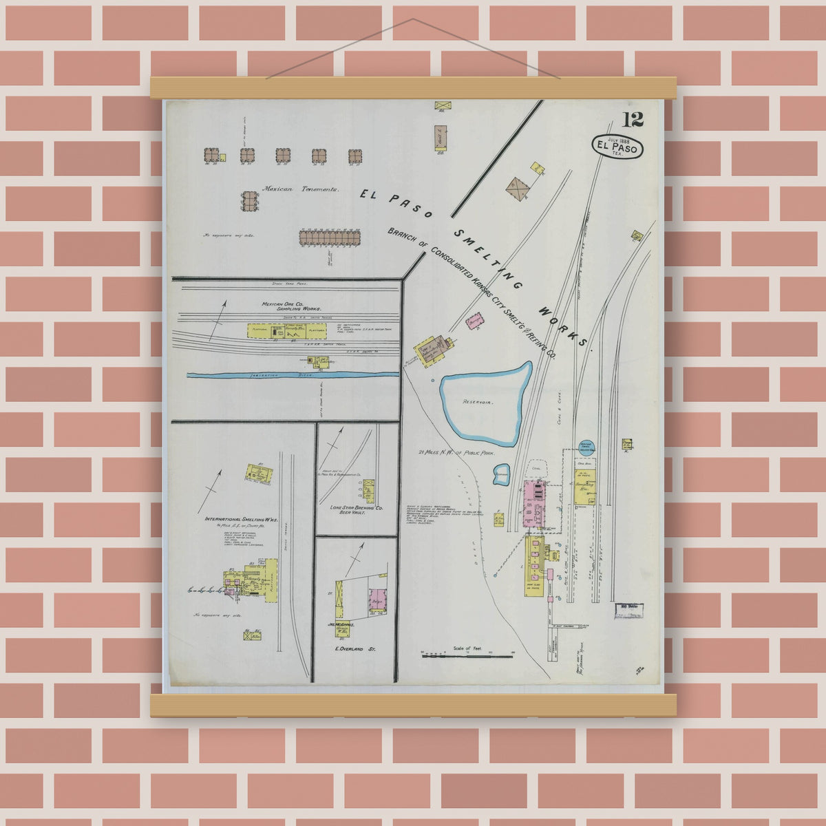 Old map wall art mockup — magnetic wood frame on brick wall — Sanborn Fire Insurance Map from El Paso, El Paso County, Texas (1888), Sheet #0012
