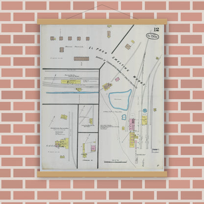 Old map wall art mockup — magnetic wood frame on brick wall — Sanborn Fire Insurance Map from El Paso, El Paso County, Texas (1888), Sheet #0012