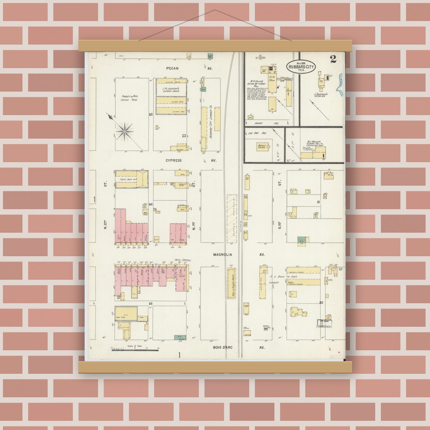 Old map wall art mockup — magnetic wood frame on brick wall — Sanborn Fire Insurance Map from Hubbard, Hill County, Texas (1898), Sheet #0002