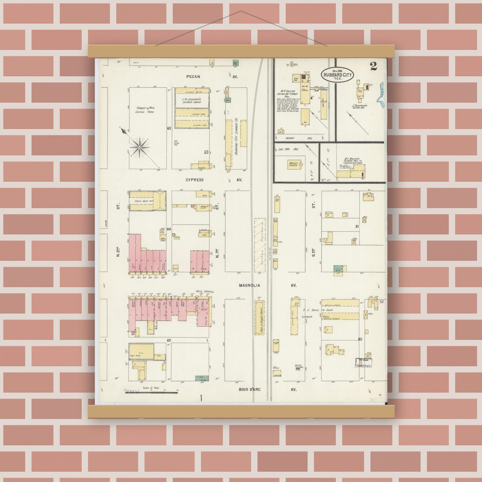 Old map wall art mockup — magnetic wood frame on brick wall — Sanborn Fire Insurance Map from Hubbard, Hill County, Texas (1898), Sheet #0002