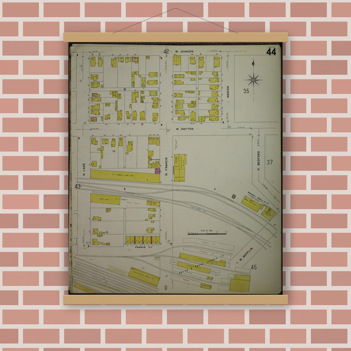 Old map wall art mockup — magnetic wood frame on brick wall — Sanborn Fire Insurance Map from Madison, Dane County, Wisconsin (1908), Sheet #0044