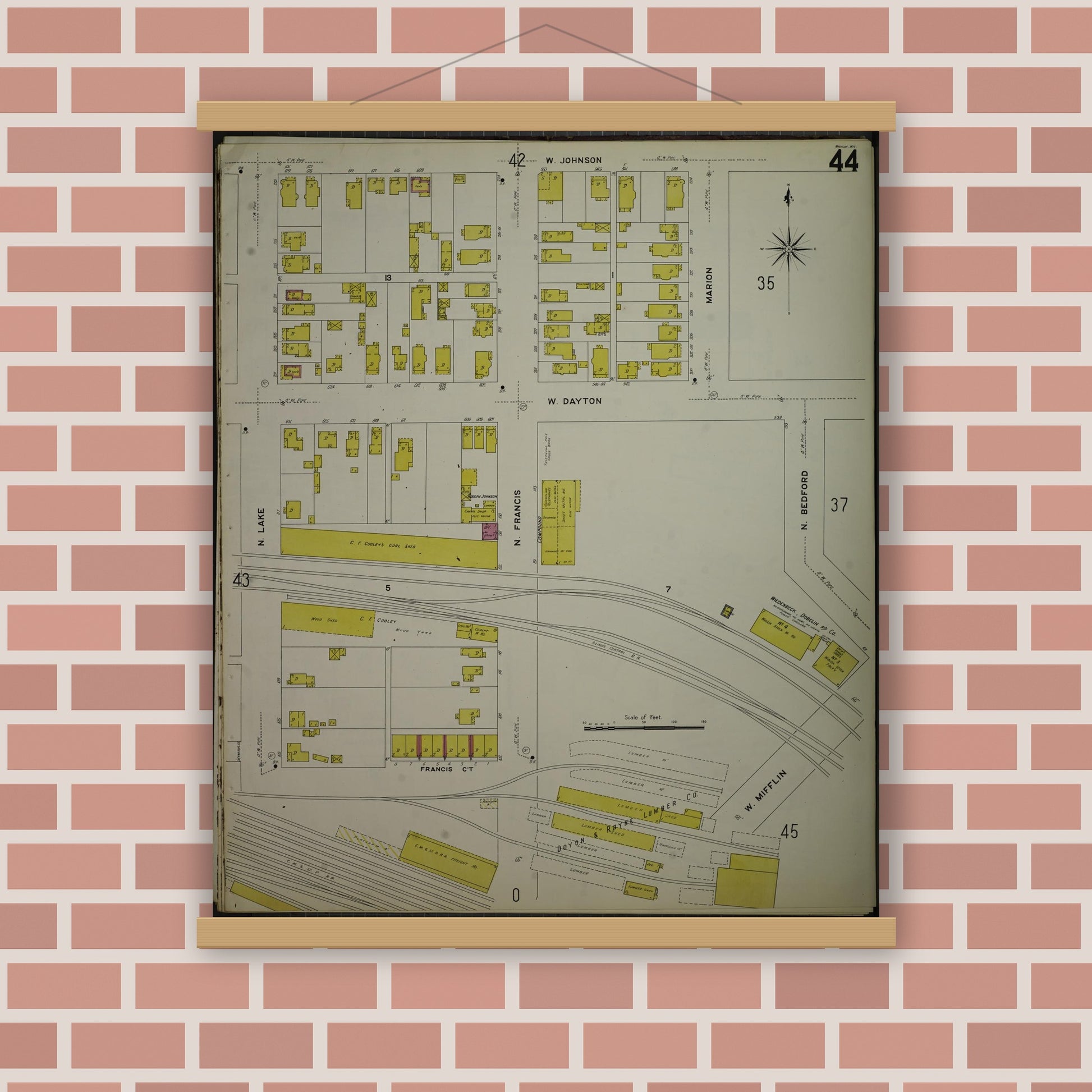 Old map wall art mockup — magnetic wood frame on brick wall — Sanborn Fire Insurance Map from Madison, Dane County, Wisconsin (1908), Sheet #0044