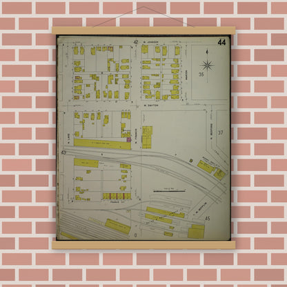Old map wall art mockup — magnetic wood frame on brick wall — Sanborn Fire Insurance Map from Madison, Dane County, Wisconsin (1908), Sheet #0044