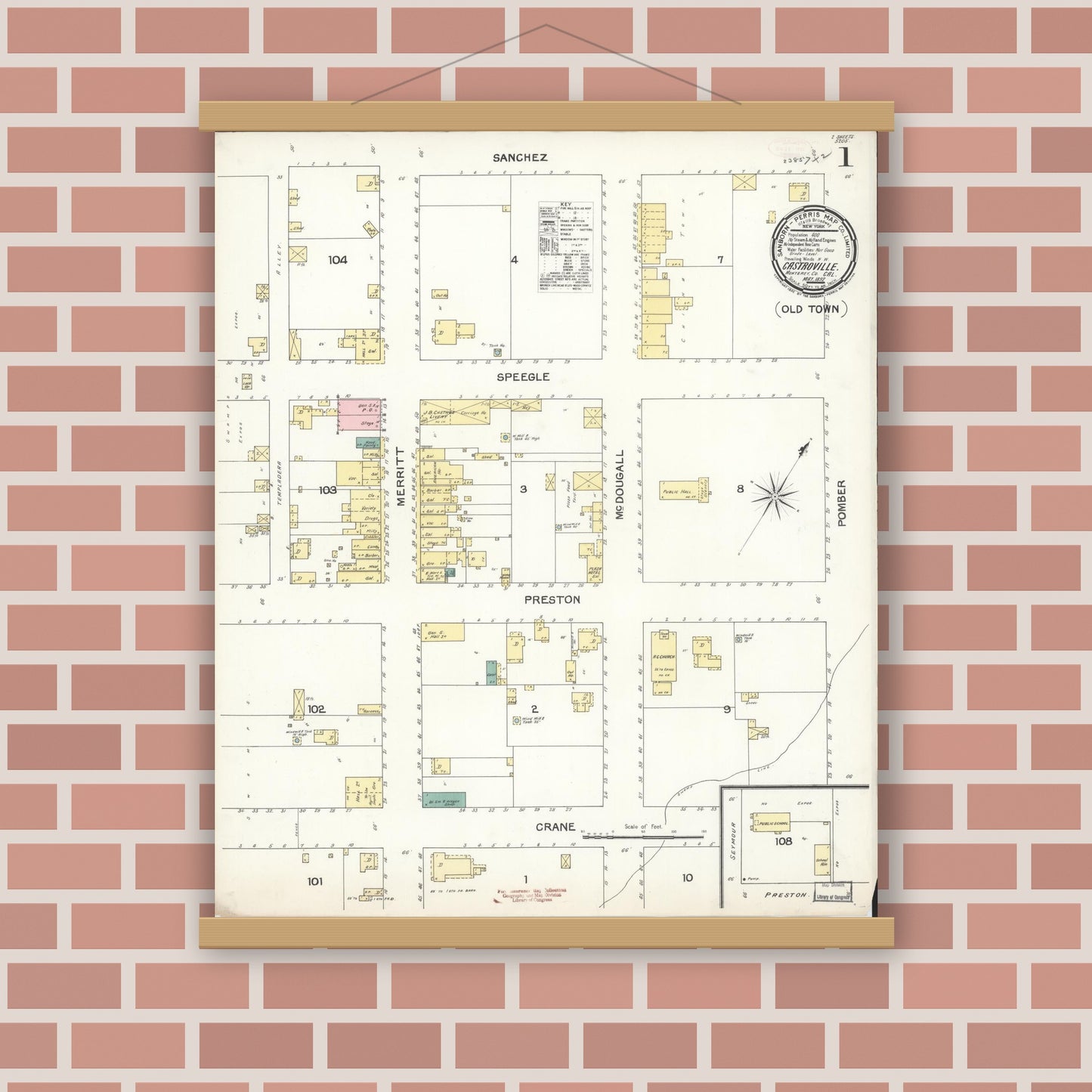 Old map wall art mockup — magnetic wood frame on brick wall — Sanborn Fire Insurance Map from Castroville, Monterey County, California (1892), Sheet #0001