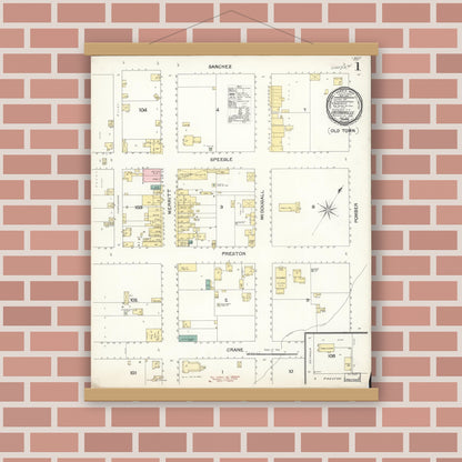 Old map wall art mockup — magnetic wood frame on brick wall — Sanborn Fire Insurance Map from Castroville, Monterey County, California (1892), Sheet #0001