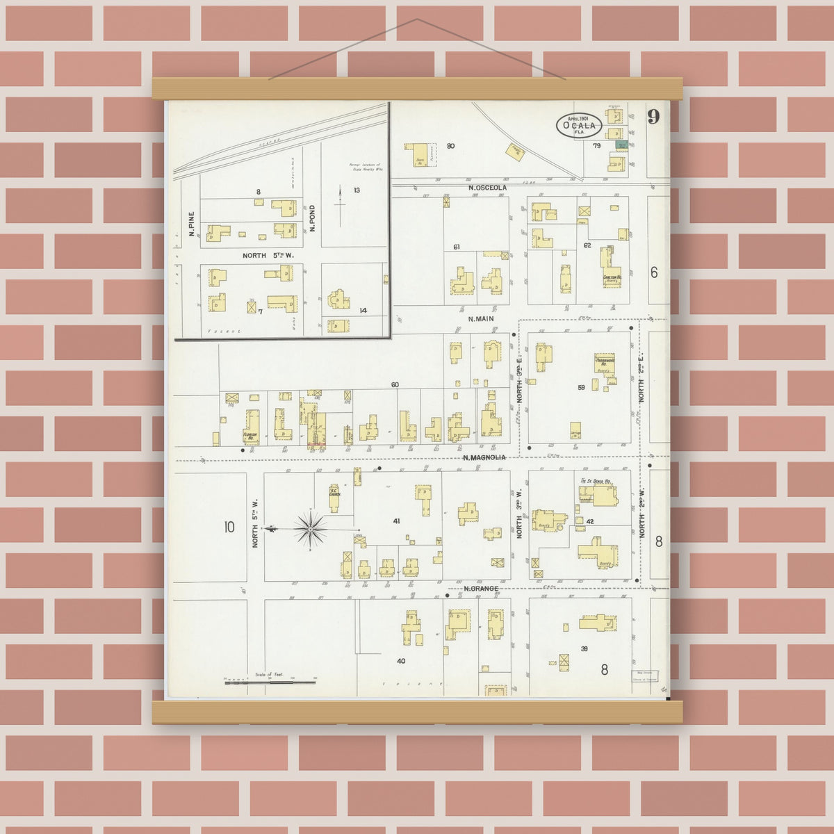 Old map wall art mockup — magnetic wood frame on brick wall — Sanborn Fire Insurance Map from Ocala, Marion County, Florida (1901), Sheet #0009