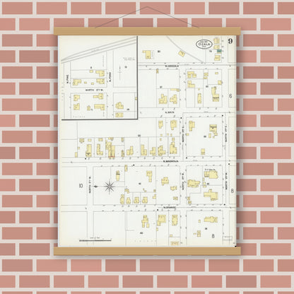 Old map wall art mockup — magnetic wood frame on brick wall — Sanborn Fire Insurance Map from Ocala, Marion County, Florida (1901), Sheet #0009