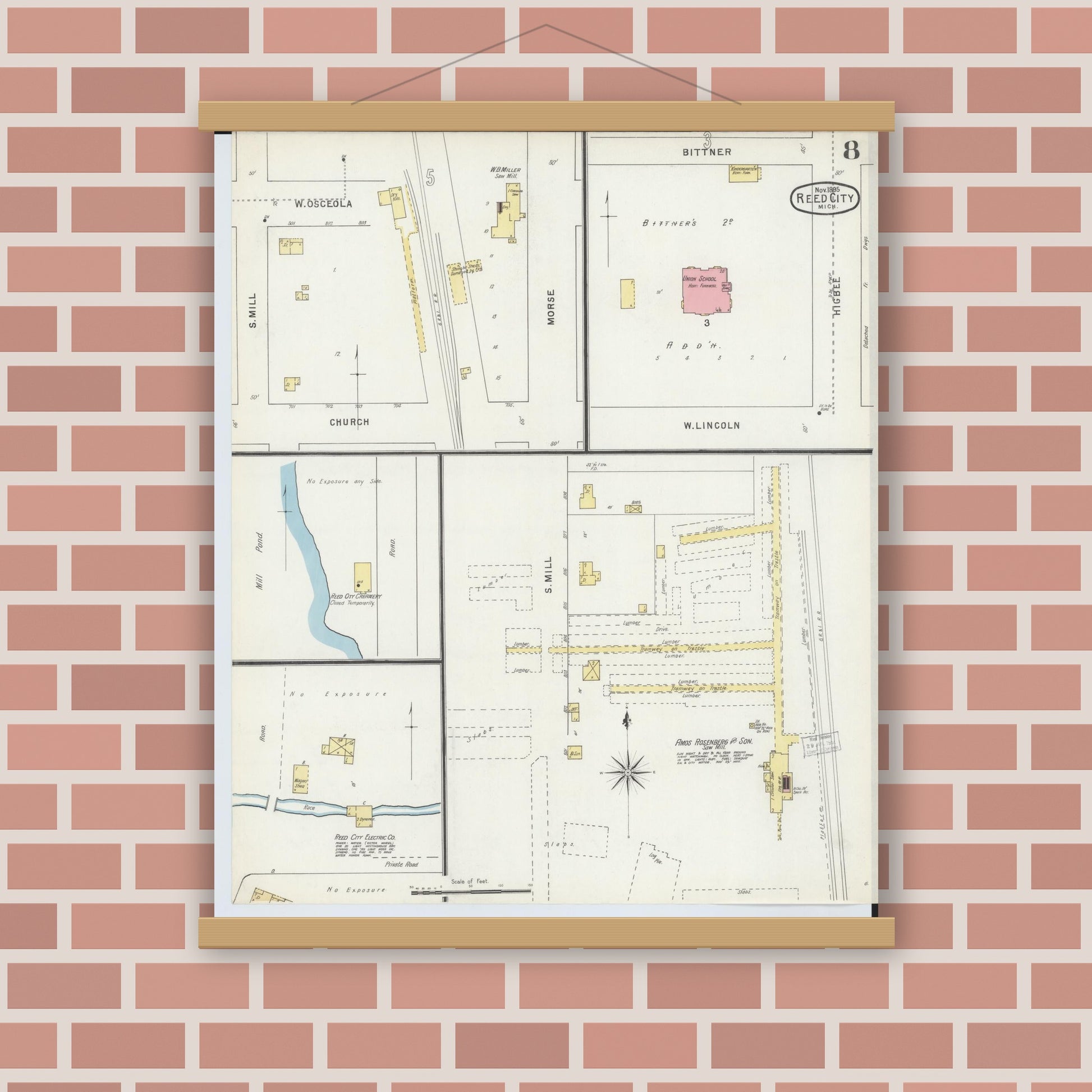 Old map wall art mockup — magnetic wood frame on brick wall — Sanborn Fire Insurance Map from Reed City, Osceola County, Michigan (1895), Sheet #0008