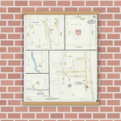 Old map wall art mockup — magnetic wood frame on brick wall — Sanborn Fire Insurance Map from Reed City, Osceola County, Michigan (1895), Sheet #0008