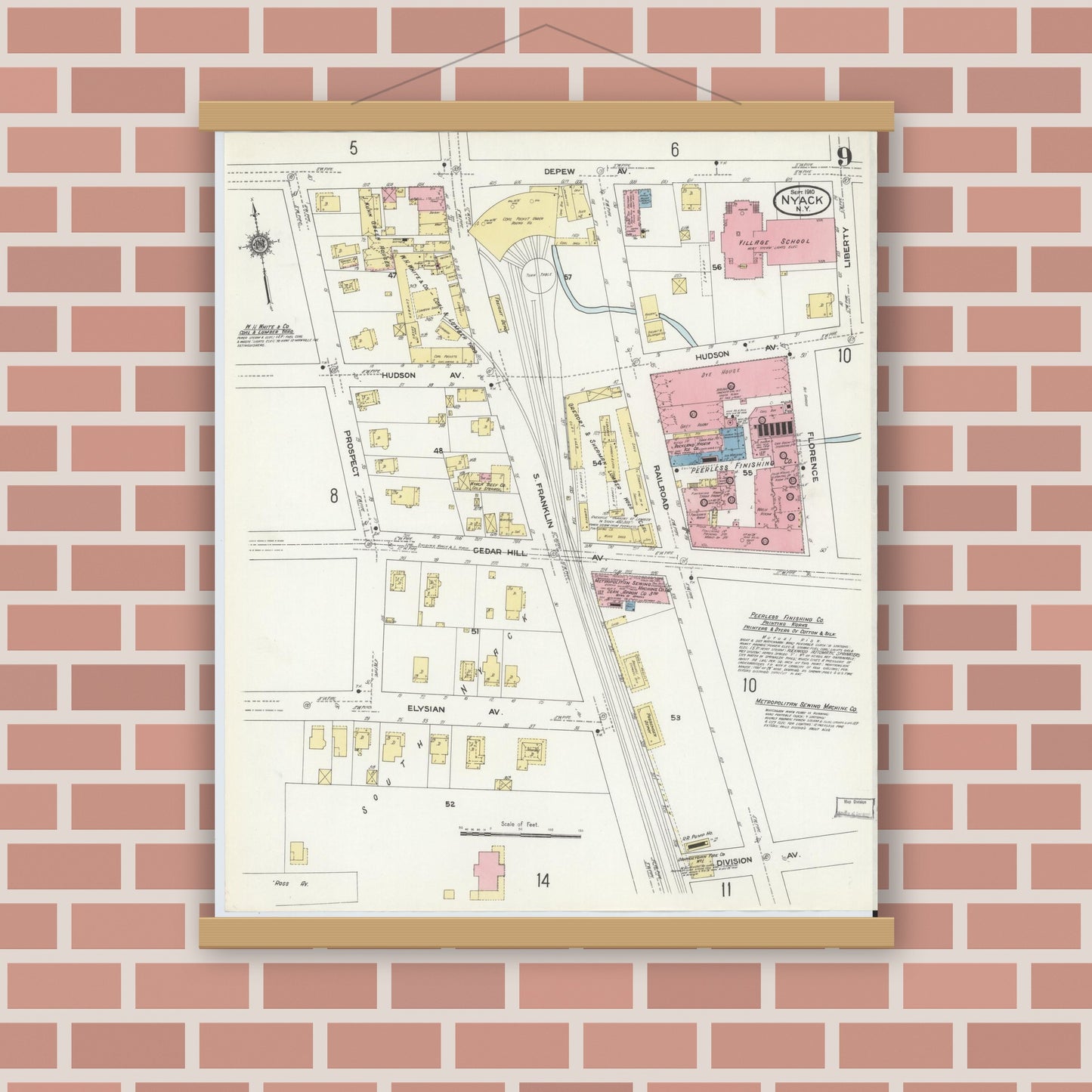Old map wall art mockup — magnetic wood frame on brick wall — Sanborn Fire Insurance Map from Nyack, Rockland County, New York. (1910), Sheet #0009