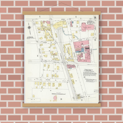 Old map wall art mockup — magnetic wood frame on brick wall — Sanborn Fire Insurance Map from Nyack, Rockland County, New York. (1910), Sheet #0009