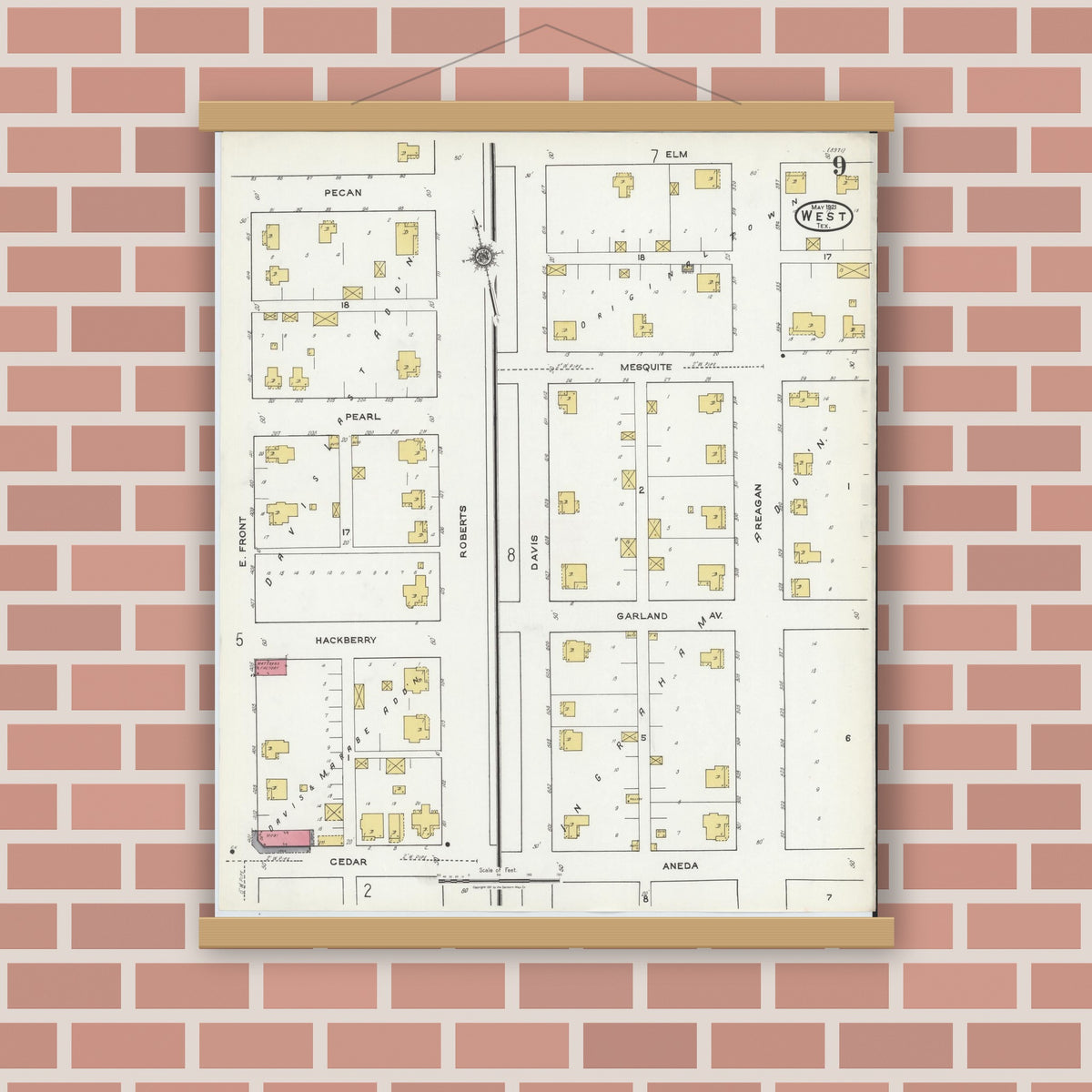 Old map wall art mockup — magnetic wood frame on brick wall — Sanborn Fire Insurance Map from West, McLennan County, Texas (1921), Sheet #0009