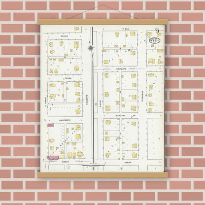 Old map wall art mockup — magnetic wood frame on brick wall — Sanborn Fire Insurance Map from West, McLennan County, Texas (1921), Sheet #0009