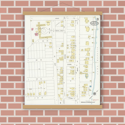 Old map wall art mockup — magnetic wood frame on brick wall — Sanborn Fire Insurance Map from Charlotte, Monroe County, New York (1912), Sheet #0003
