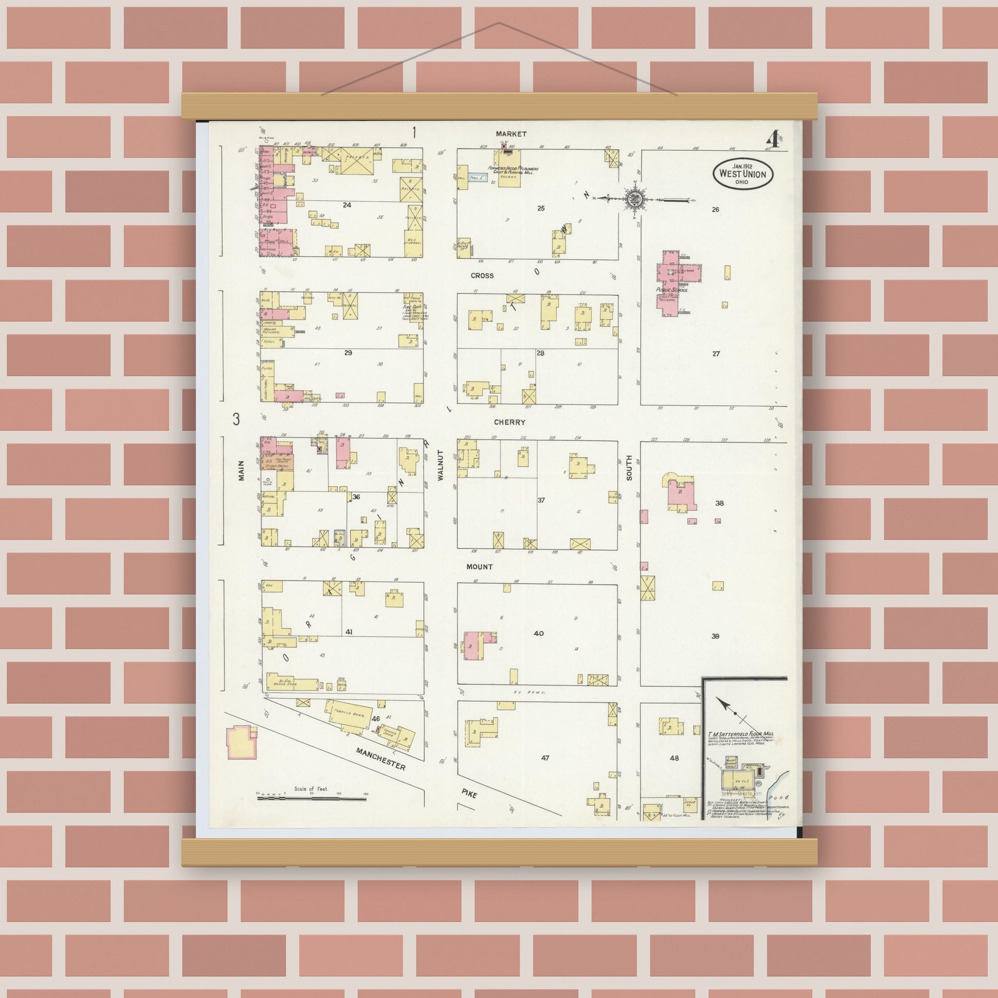 Old map wall art mockup — magnetic wood frame on brick wall — Sanborn Fire Insurance Map from West Union, Adams County, Ohio (1912), Sheet #0004