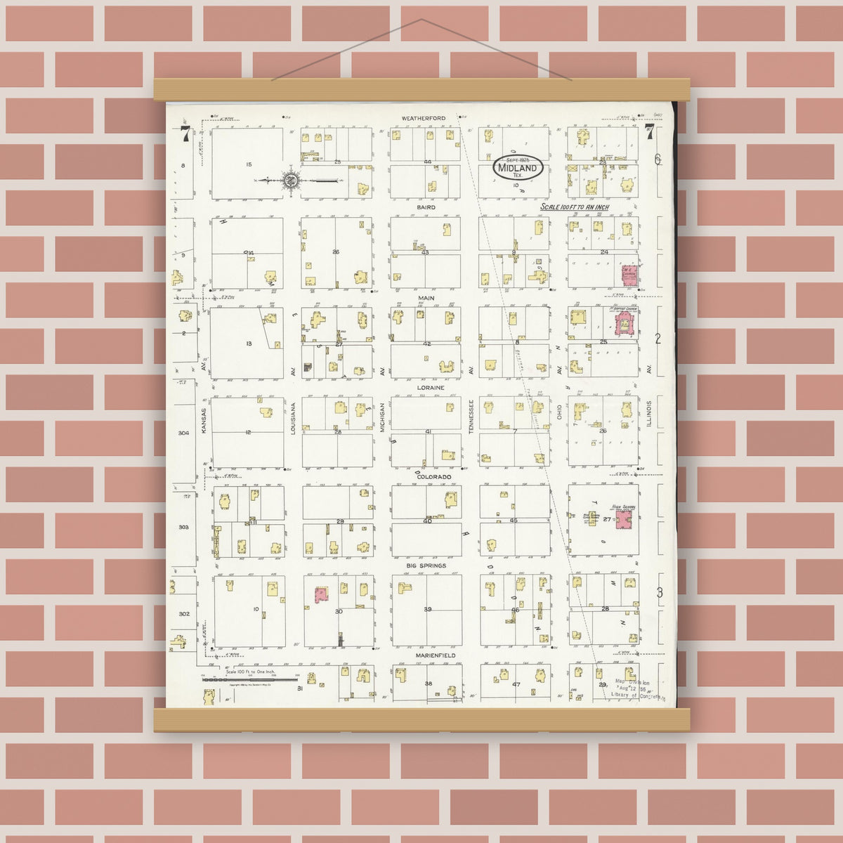 Old map wall art mockup — magnetic wood frame on brick wall — Sanborn Fire Insurance Map from Midland, Midland County, Texas (1925), Sheet #0007