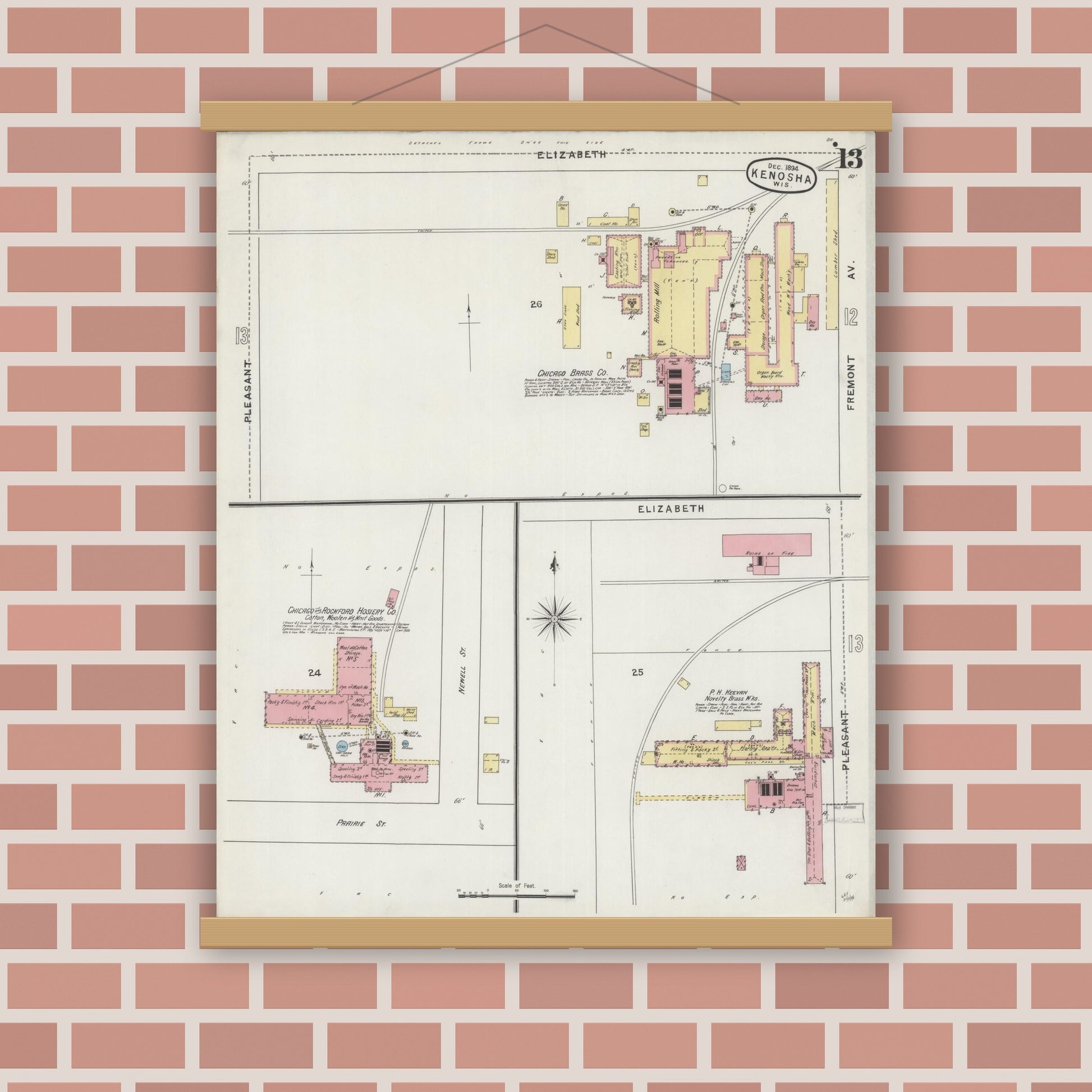 Old map wall art mockup — magnetic wood frame on brick wall — Sanborn Fire Insurance Map from Kenosha, Kenosha County, Wisconsin (1894), Sheet #0013