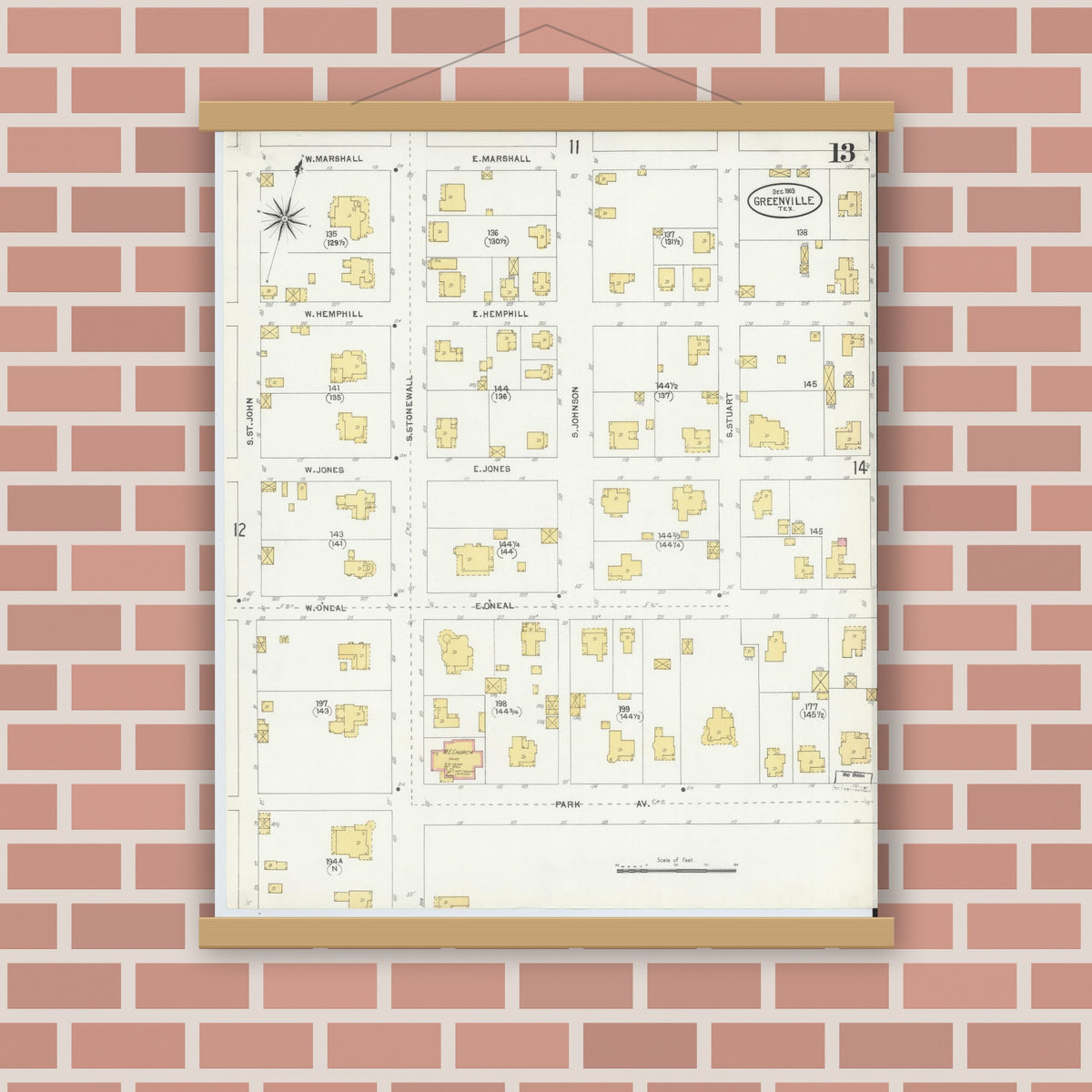 Old map wall art mockup — magnetic wood frame on brick wall — Sanborn Fire Insurance Map from Greenville, Hunt County, Texas (1903), Sheet #0013