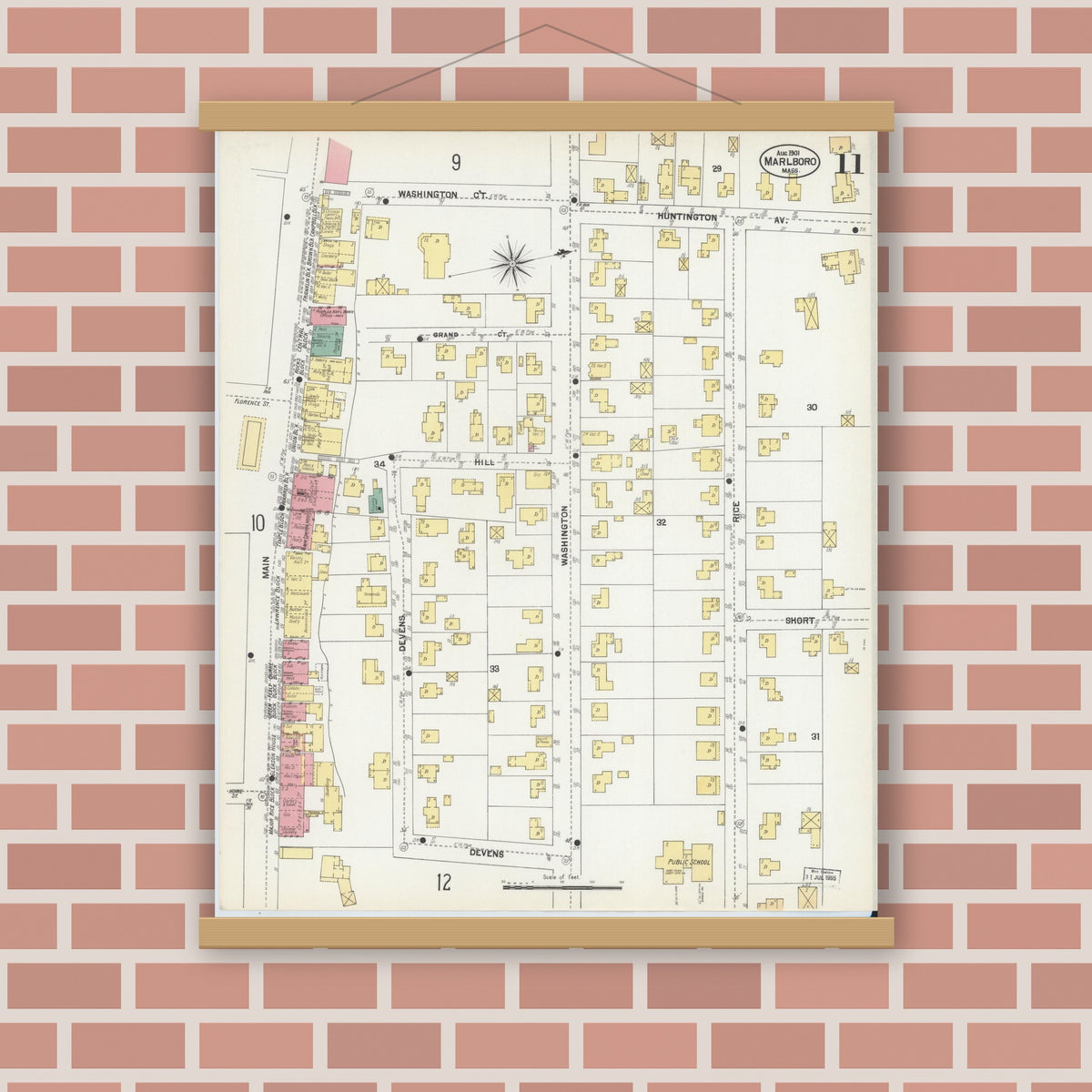 Old map wall art mockup — magnetic wood frame on brick wall — Sanborn Fire Insurance Map from Marlborough, Middlesex County, Massachusetts (1901), Sheet #0011