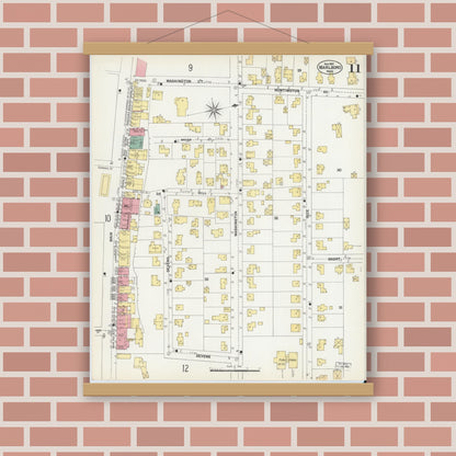 Old map wall art mockup — magnetic wood frame on brick wall — Sanborn Fire Insurance Map from Marlborough, Middlesex County, Massachusetts (1901), Sheet #0011