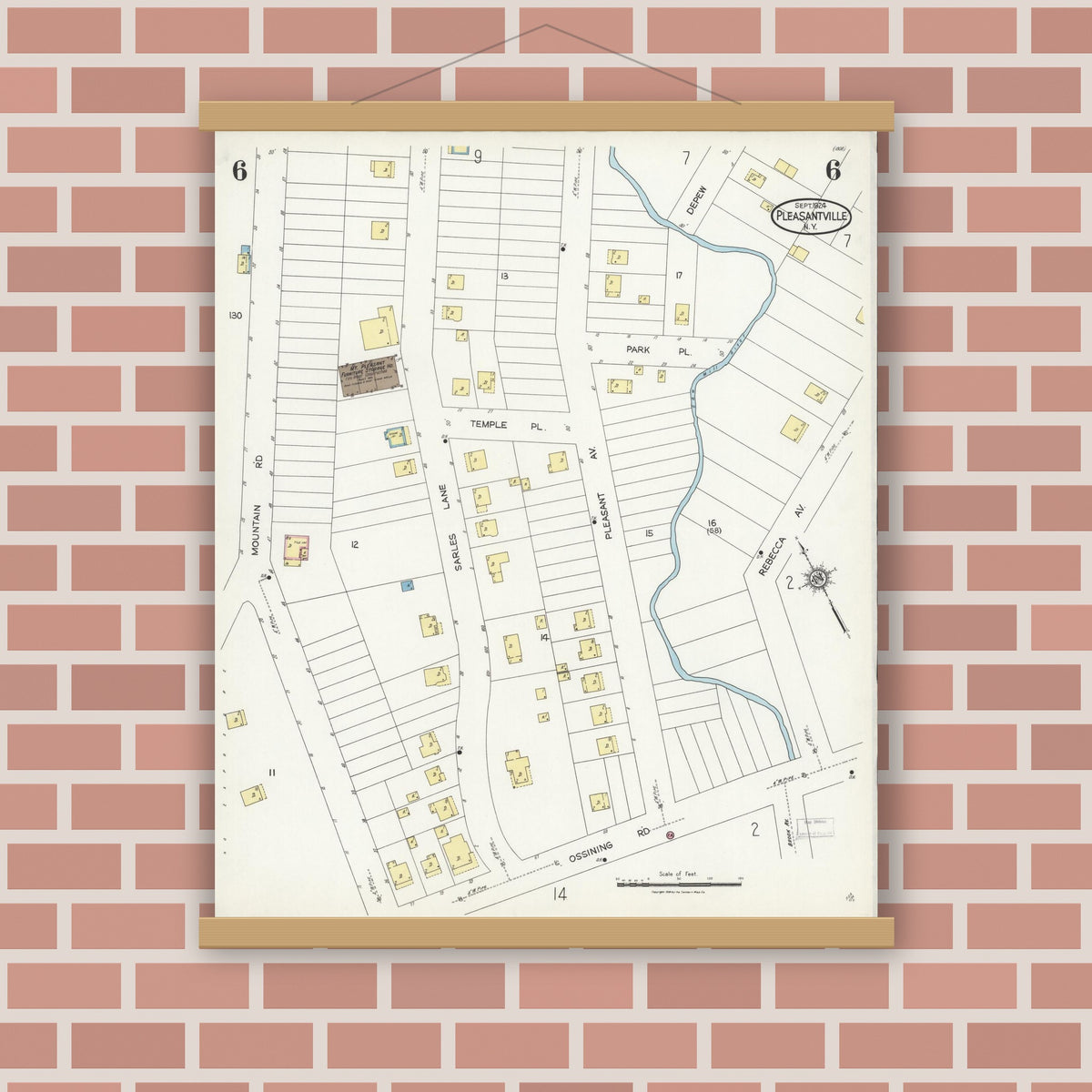 Old map wall art mockup — magnetic wood frame on brick wall — Sanborn Fire Insurance Map from Pleasantville, Westchester County, New York (1924), Sheet #0006
