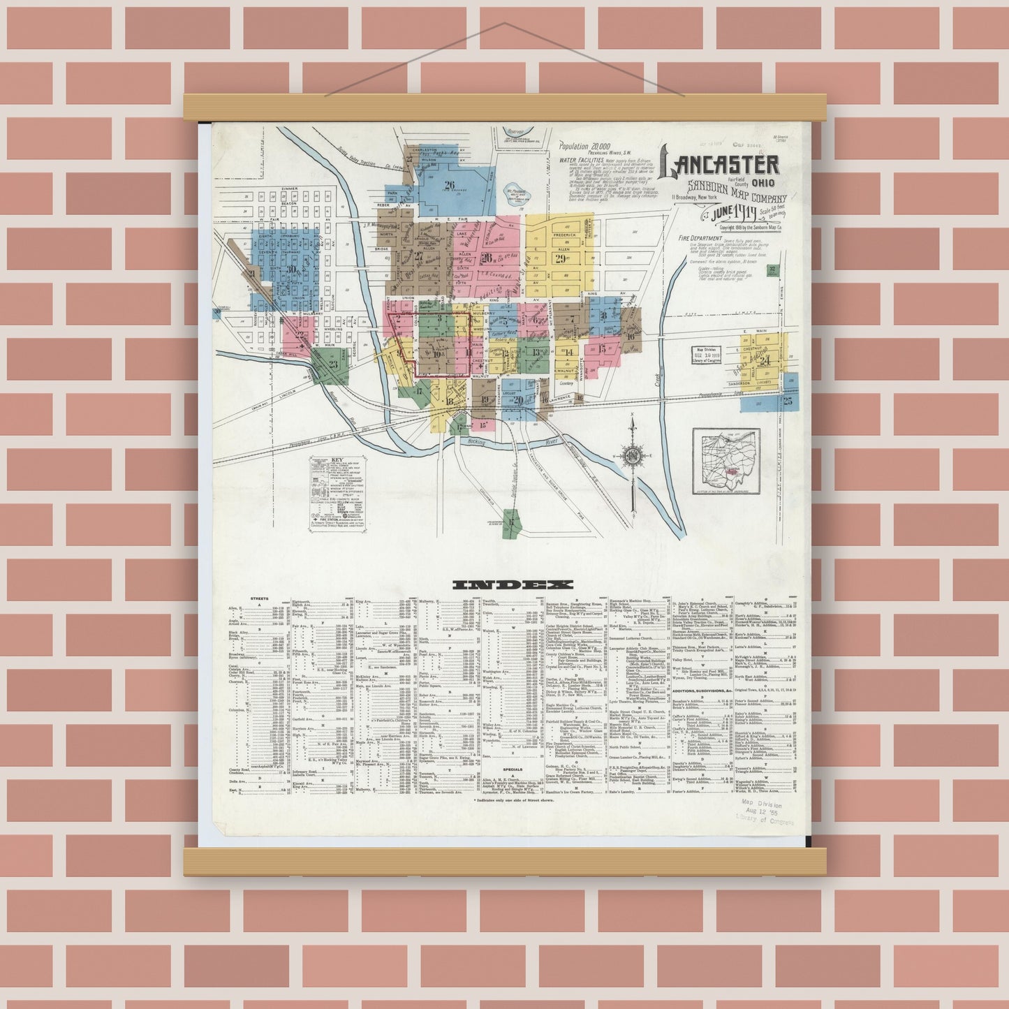 Old map wall art mockup — magnetic wood frame on brick wall — Sanborn Fire Insurance Map from Lancaster, Fairfield County, Ohio (1919), Sheet #0001