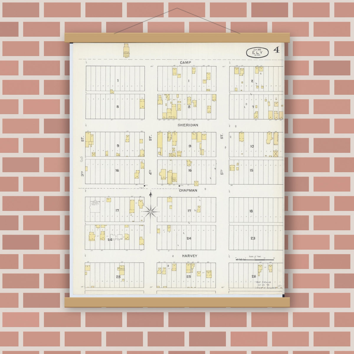 Old map wall art mockup — magnetic wood frame on brick wall — Sanborn Fire Insurance Map from Ely, Saint Louis County, Minnesota (1892), Sheet #0004