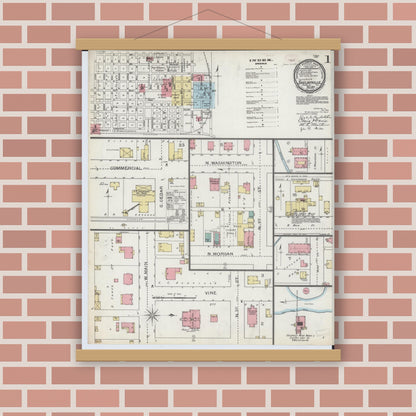 Old map wall art mockup — magnetic wood frame on brick wall — Sanborn Fire Insurance Map from Shelbyville, Shelby County, Illinois (1893), Sheet #0001