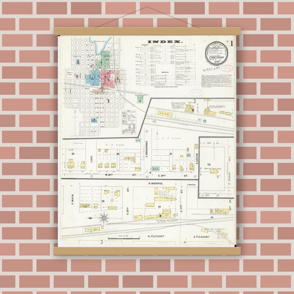 Old map wall art mockup — magnetic wood frame on brick wall — Sanborn Fire Insurance Map from Emmetsburg, Palo Alto County, Iowa (1897) â€” Complete Set