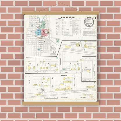 Old map wall art mockup — magnetic wood frame on brick wall — Sanborn Fire Insurance Map from Emmetsburg, Palo Alto County, Iowa (1897) â€” Complete Set
