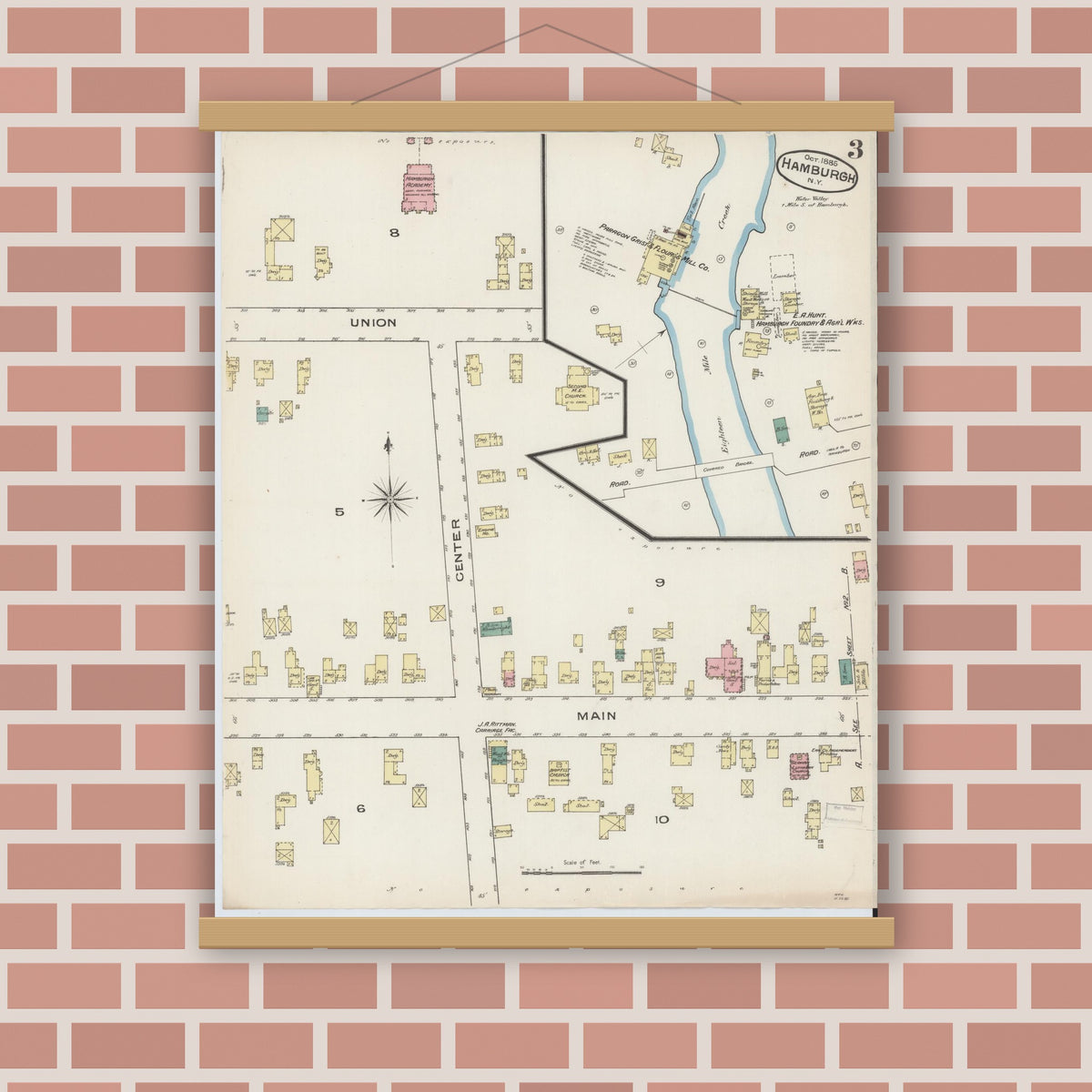 Old map wall art mockup — magnetic wood frame on brick wall — Sanborn Fire Insurance Map from Hamburg, Erie County, New York (1885), Sheet #0003