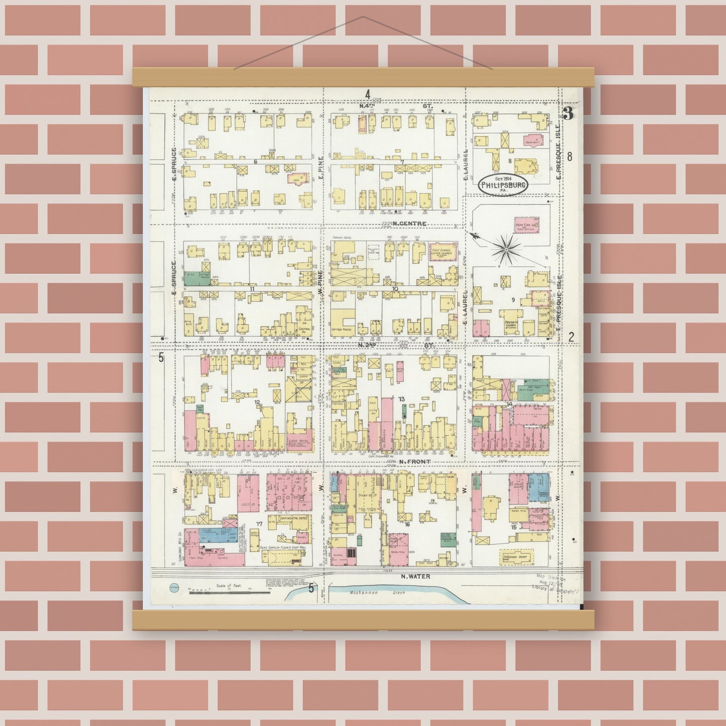 Old map wall art mockup — magnetic wood frame on brick wall — Sanborn Fire Insurance Map from Philipsburg, Centre County, Pennsylvania (1904), Sheet #0003