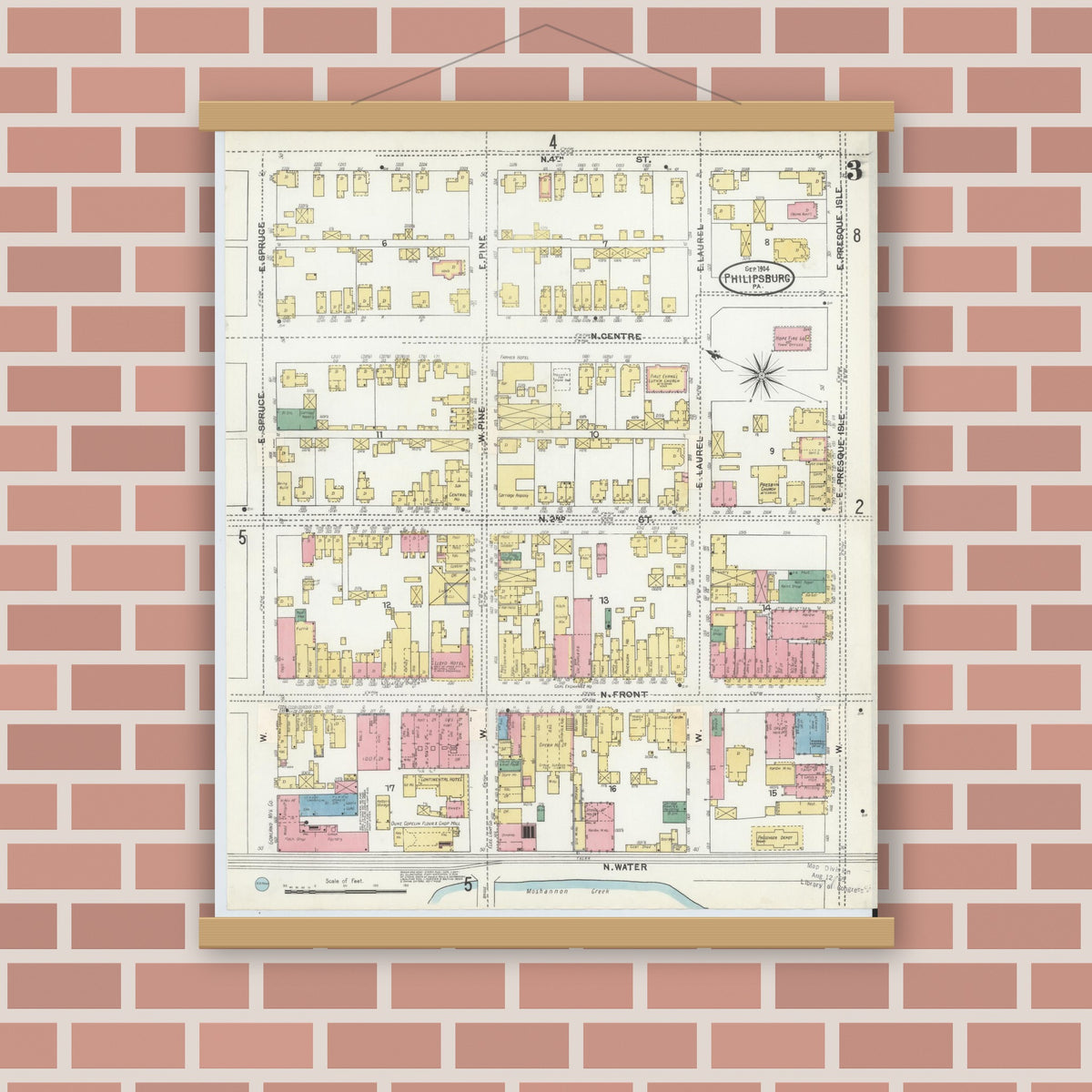 Old map wall art mockup — magnetic wood frame on brick wall — Sanborn Fire Insurance Map from Philipsburg, Centre County, Pennsylvania (1904), Sheet #0003