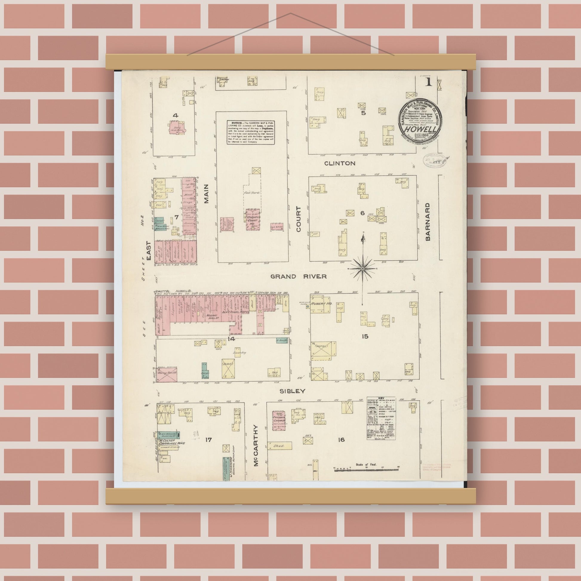 Old map wall art mockup — magnetic wood frame on brick wall — Sanborn Fire Insurance Map from Howell, Livingston County, Michigan (1883) - Complete Map Set
