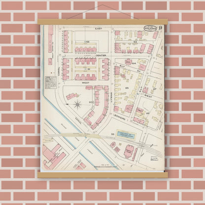 Old map wall art mockup — magnetic wood frame on brick wall — Sanborn Fire Insurance Map from Holyoke, Hampden County, Massachusetts (1884), Sheet #0009