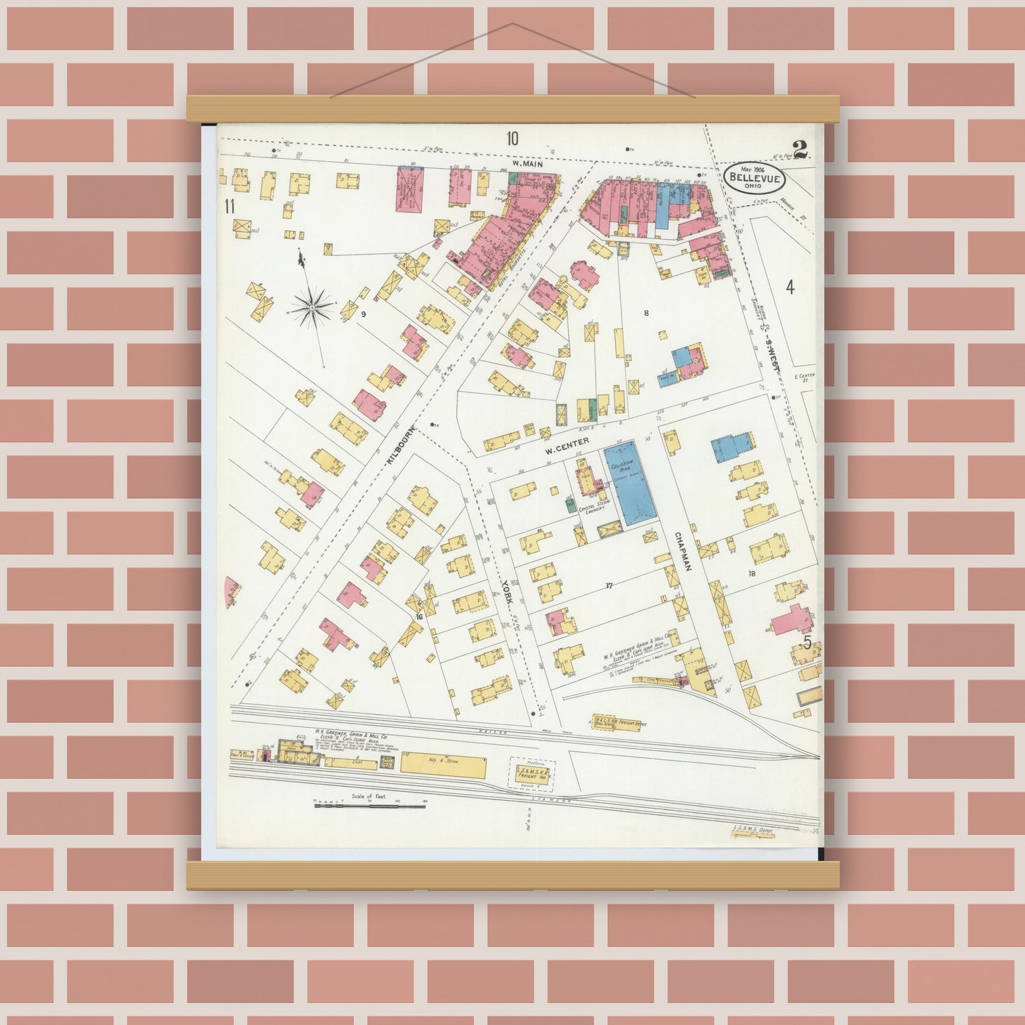 Old map wall art mockup — magnetic wood frame on brick wall — Sanborn Fire Insurance Map from Bellevue, Huron And Sandusky County, Ohio (1906), Sheet #0002