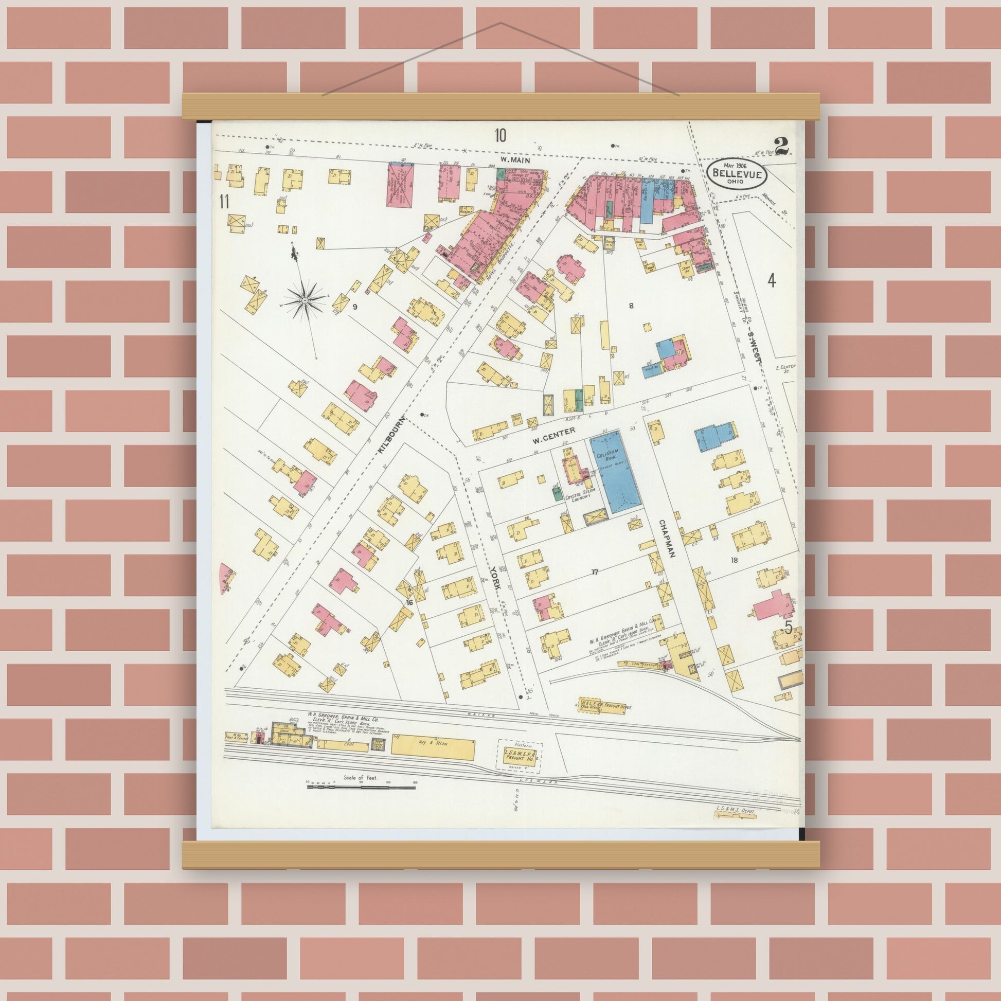 Old map wall art mockup — magnetic wood frame on brick wall — Sanborn Fire Insurance Map from Bellevue, Huron And Sandusky County, Ohio (1906), Sheet #0002