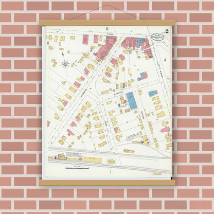 Old map wall art mockup — magnetic wood frame on brick wall — Sanborn Fire Insurance Map from Bellevue, Huron And Sandusky County, Ohio (1906), Sheet #0002