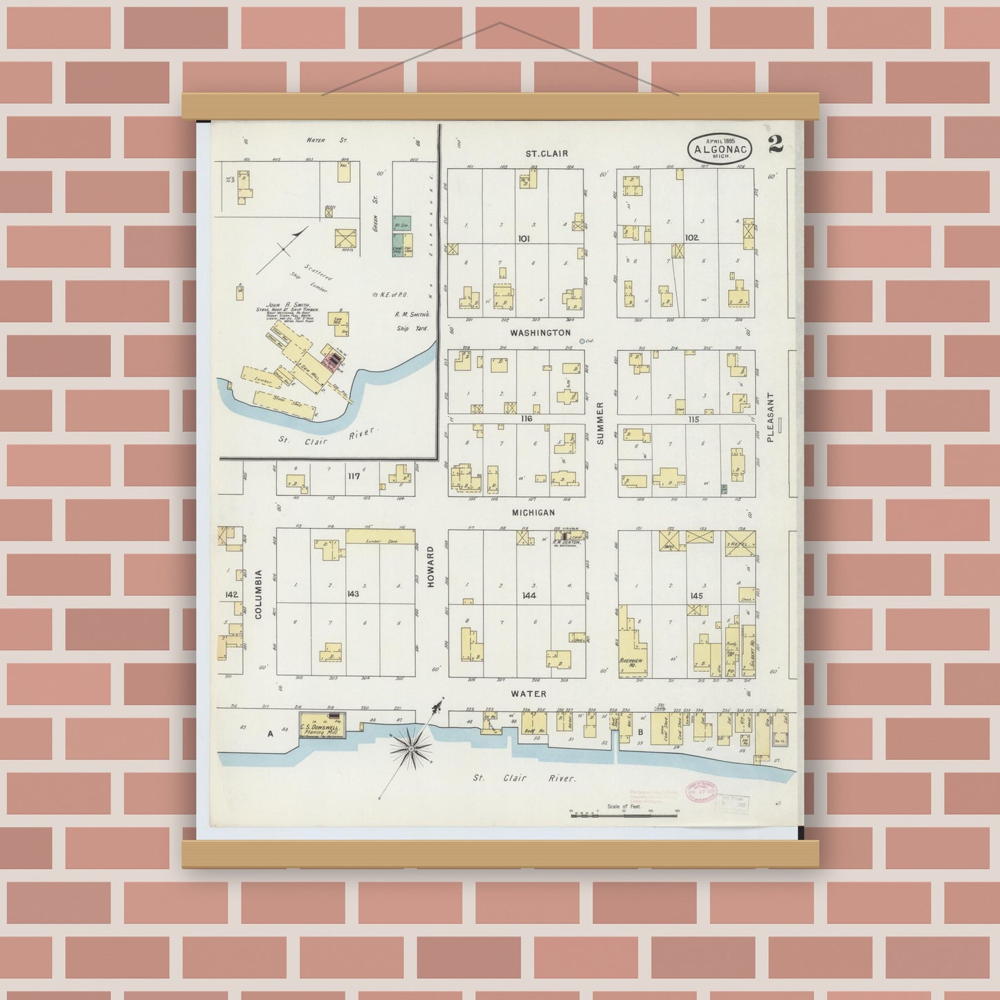 Old map wall art mockup — magnetic wood frame on brick wall — Sanborn Fire Insurance Map from Algonac, Saint Clair County, Michigan (1895), Sheet #0002