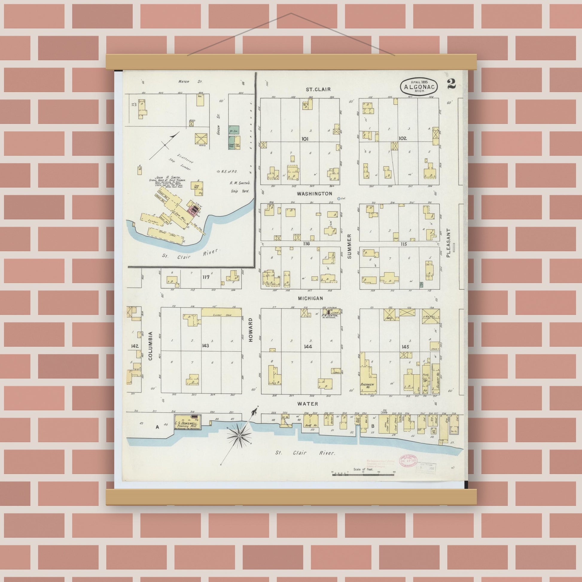 Old map wall art mockup — magnetic wood frame on brick wall — Sanborn Fire Insurance Map from Algonac, Saint Clair County, Michigan (1895), Sheet #0002