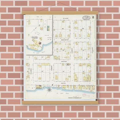 Old map wall art mockup — magnetic wood frame on brick wall — Sanborn Fire Insurance Map from Algonac, Saint Clair County, Michigan (1895), Sheet #0002