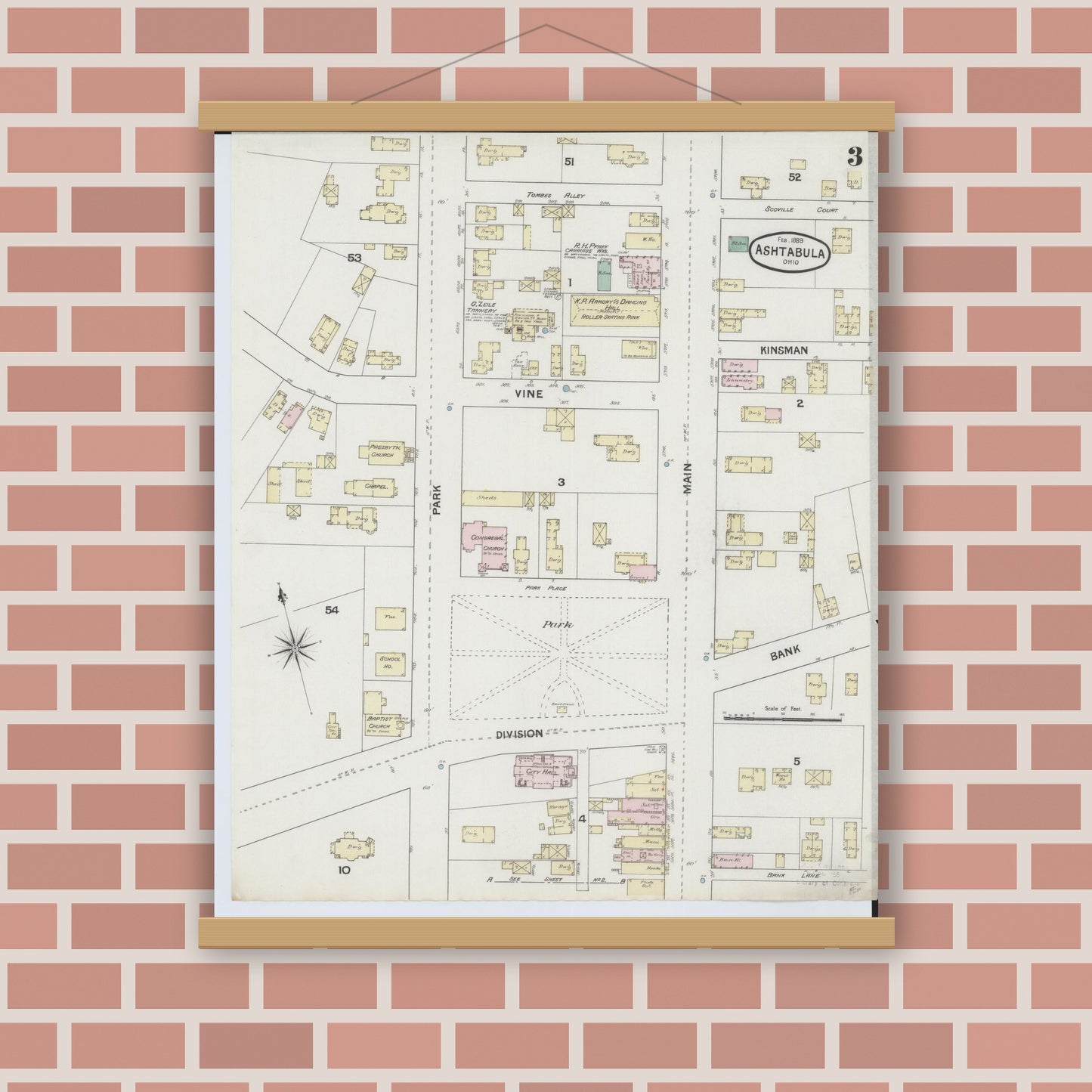 Old map wall art mockup — magnetic wood frame on brick wall — Sanborn Fire Insurance Map from Ashtabula, Ashtabula County, Ohio (1889), Sheet #0003